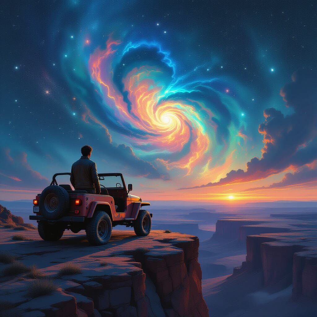 Man Gazes at Nebula from Alien Mesa