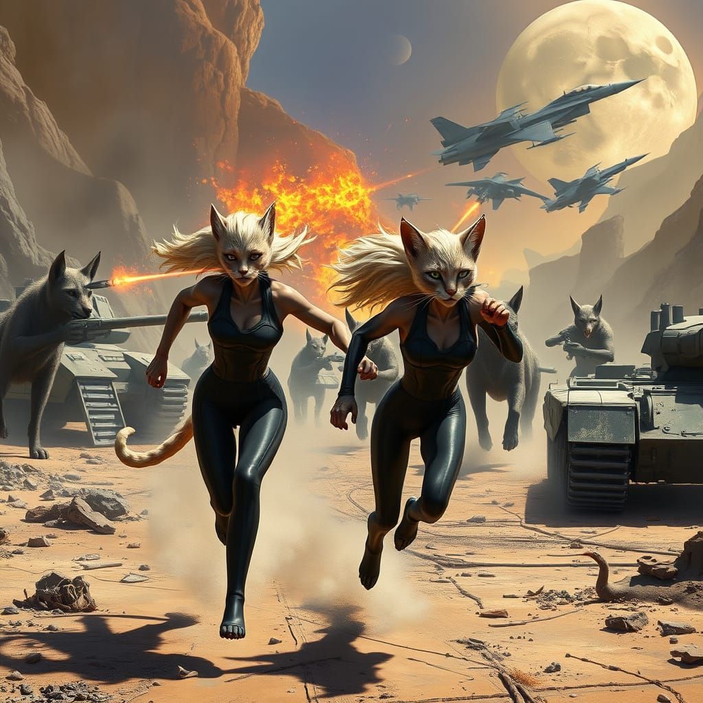 Feline Humanoids Flee War-Torn Landscape in Futuristic Cyber...