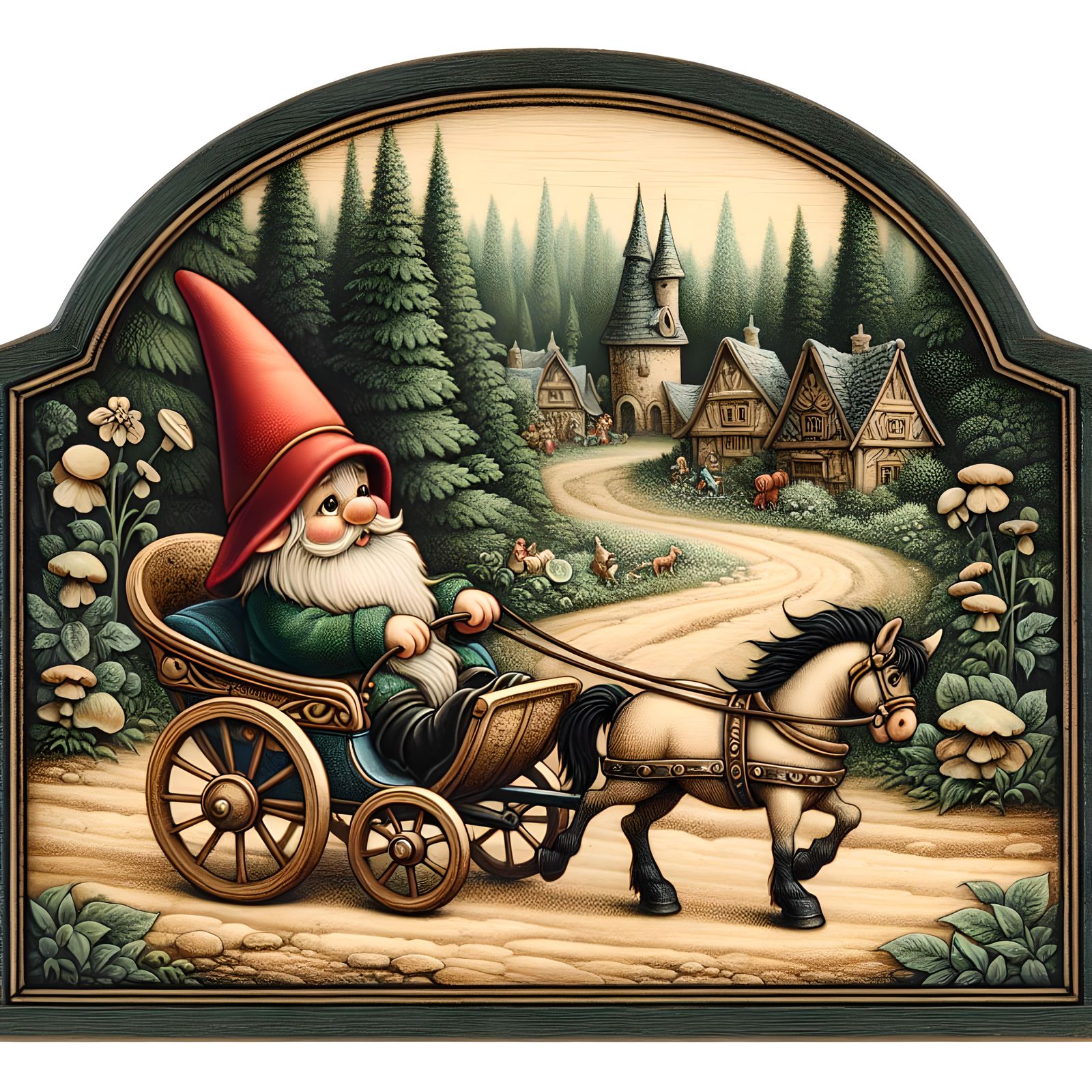 Cute realistic Garden gnome riding in  horseless carriage on...