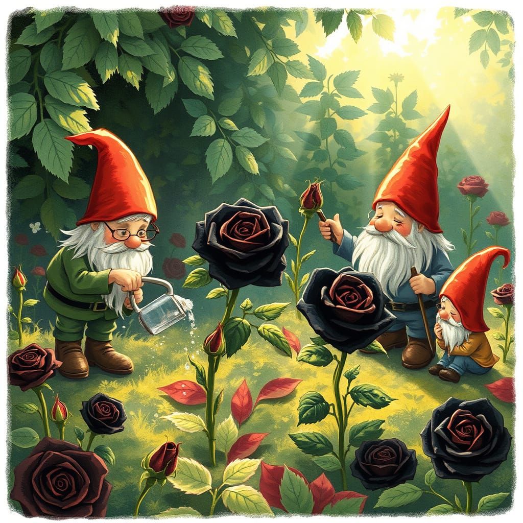 Whimsical Gnomes Tending Black Roses in Enchanted Garden