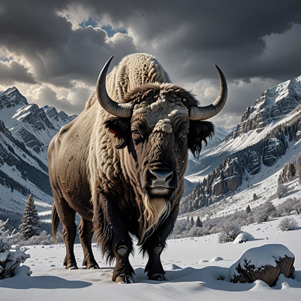 Epic White Buffalo in Majestic Mountainous HDR Landscape