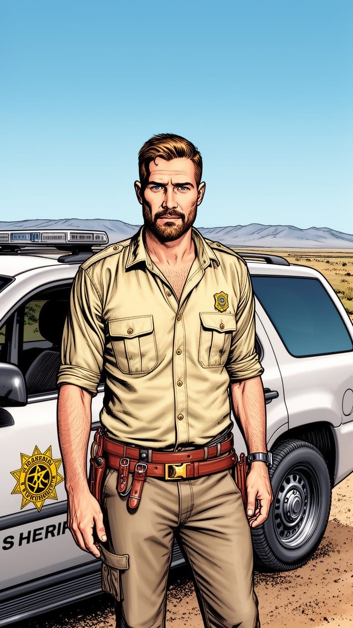 County Sheriff Stands By SUV in Western Landscape