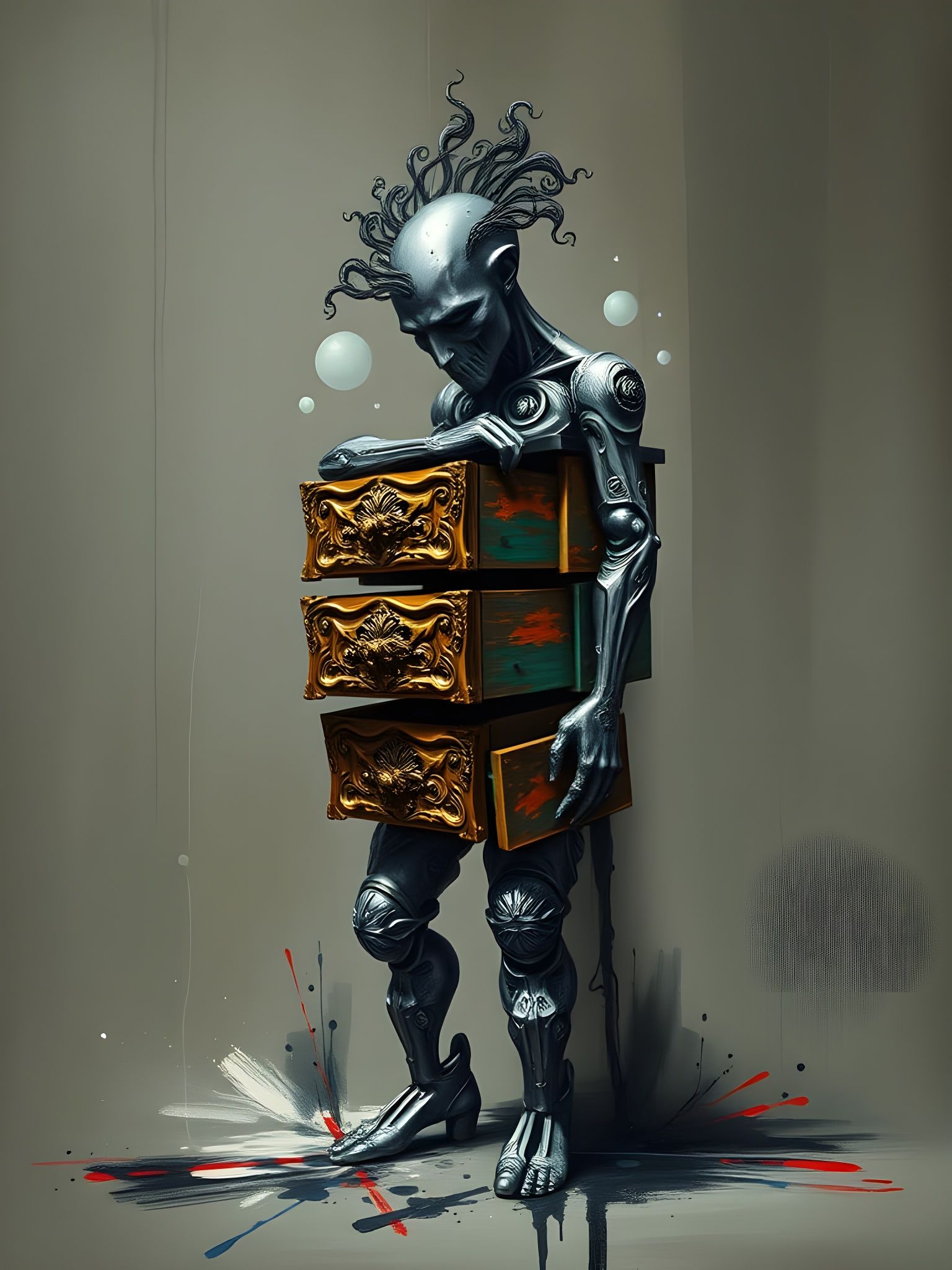Surreal Figure Composed of Ornate Drawers Contemplates Preju...