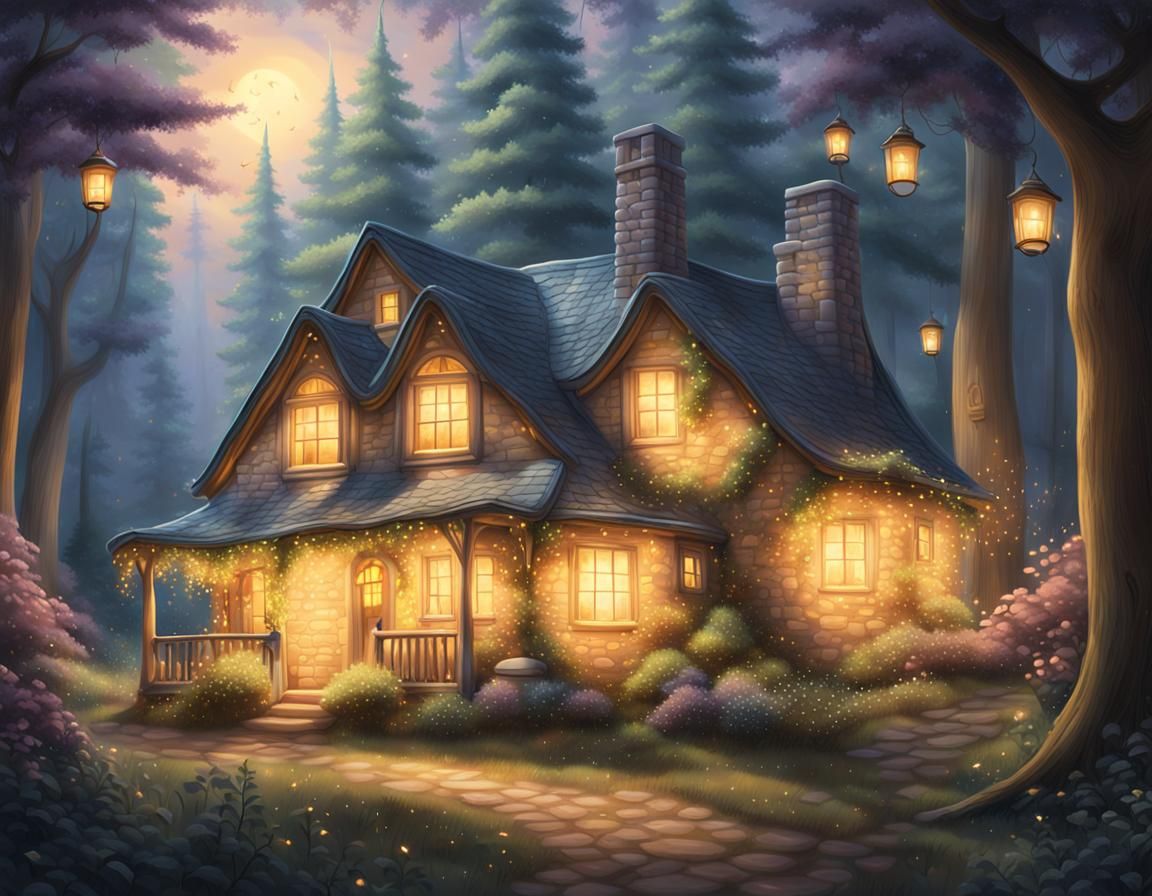 Cozy Cottage in Forest with Fireflies, Digital Painting