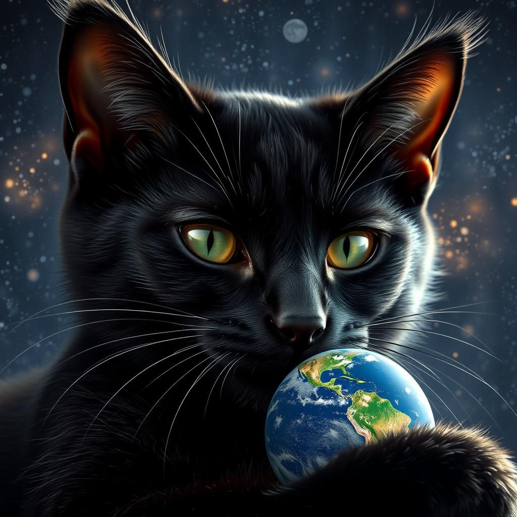 Glittering Cat Plays with Earth in Space