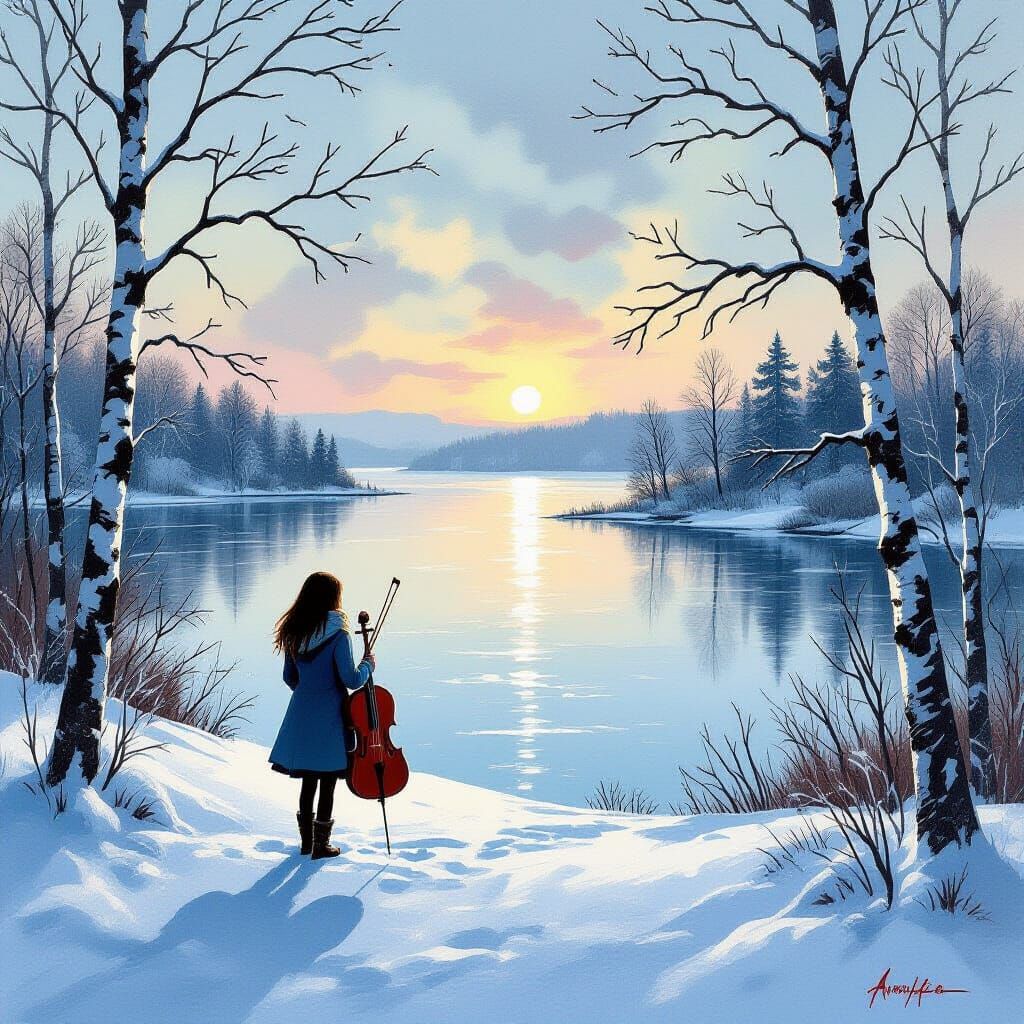 Girl with Violin Case Overlooking Frozen Lake in Winter