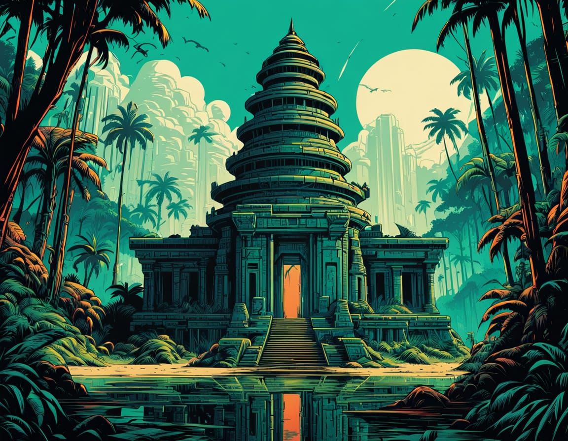 Abandoned Temple in a Vibrant Retro Comic Book Style