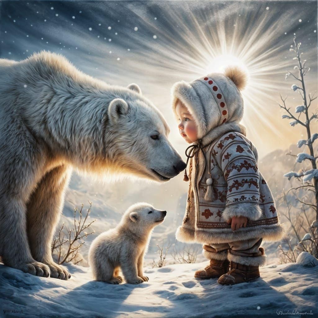 Inuit Girl and Polar Bear Cub: Soft Oil Painting