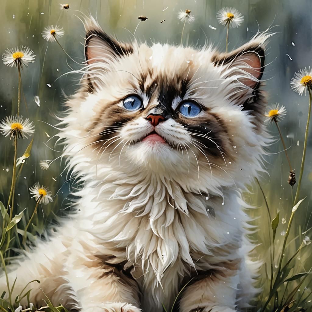 Sneezing Ragdoll Kitten with Dandelion Watercolor