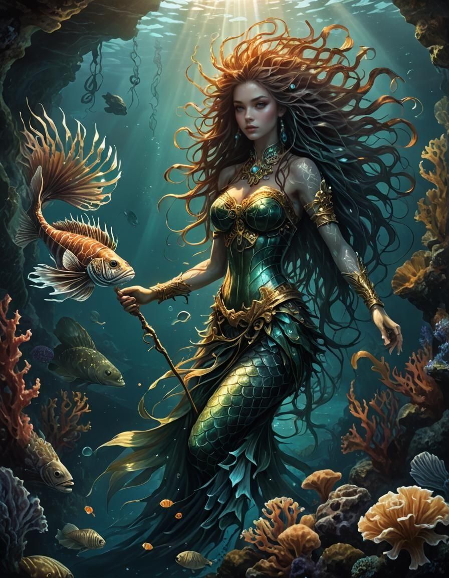 Lionfish Mermaid in the Abyss: Fantasy Horror