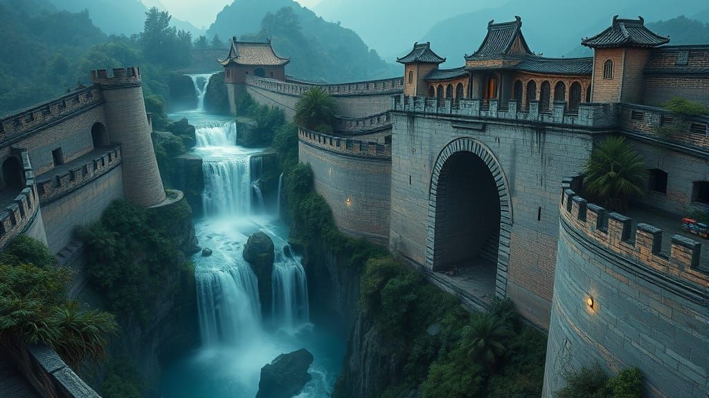 Waterfall Cascading Down Ancient Chinese Wall