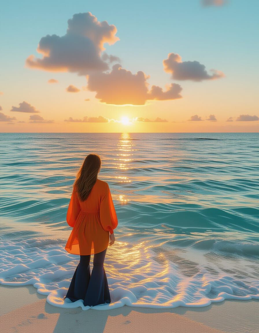 Woman on Tropical Beach at Sunset in Bierstadt Style
