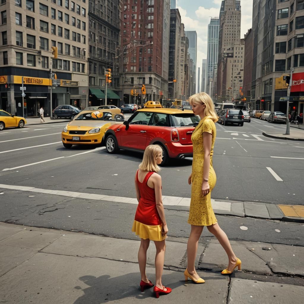Two Women Chatting by a Red Car