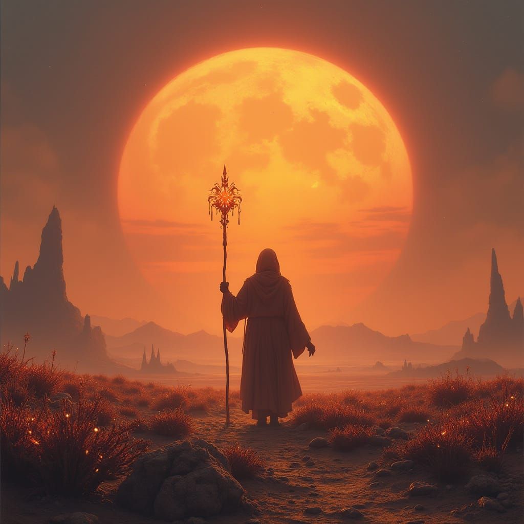 Fantasy Figure with Glowing Staff at Binary Sunset