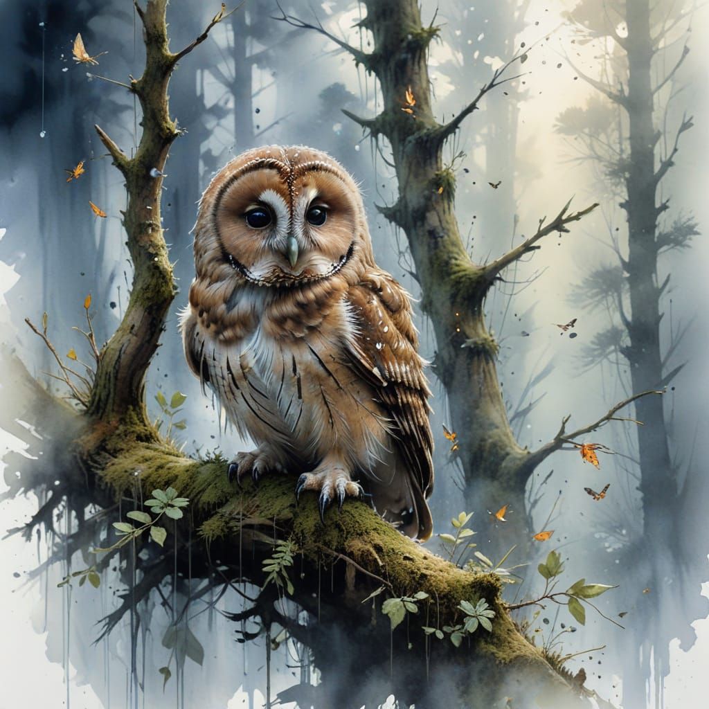 Tawny Owl Fledgling in Misty Forest, Watercolour Style
