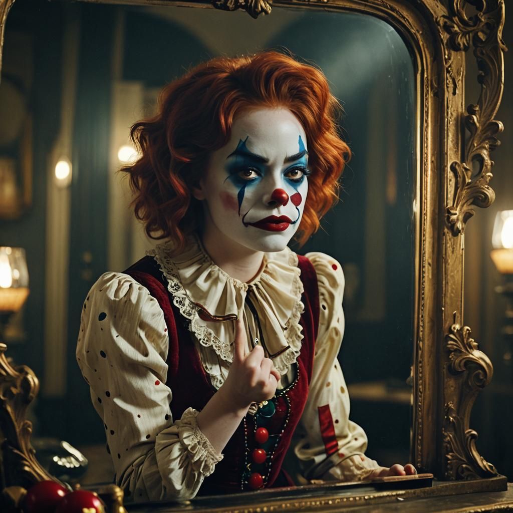 Clown Touches Reflection in Old Hollywood Style