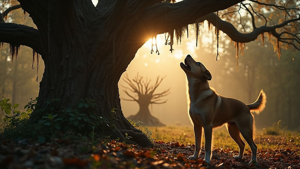 Dog Barking at a Bone Tree in Forest