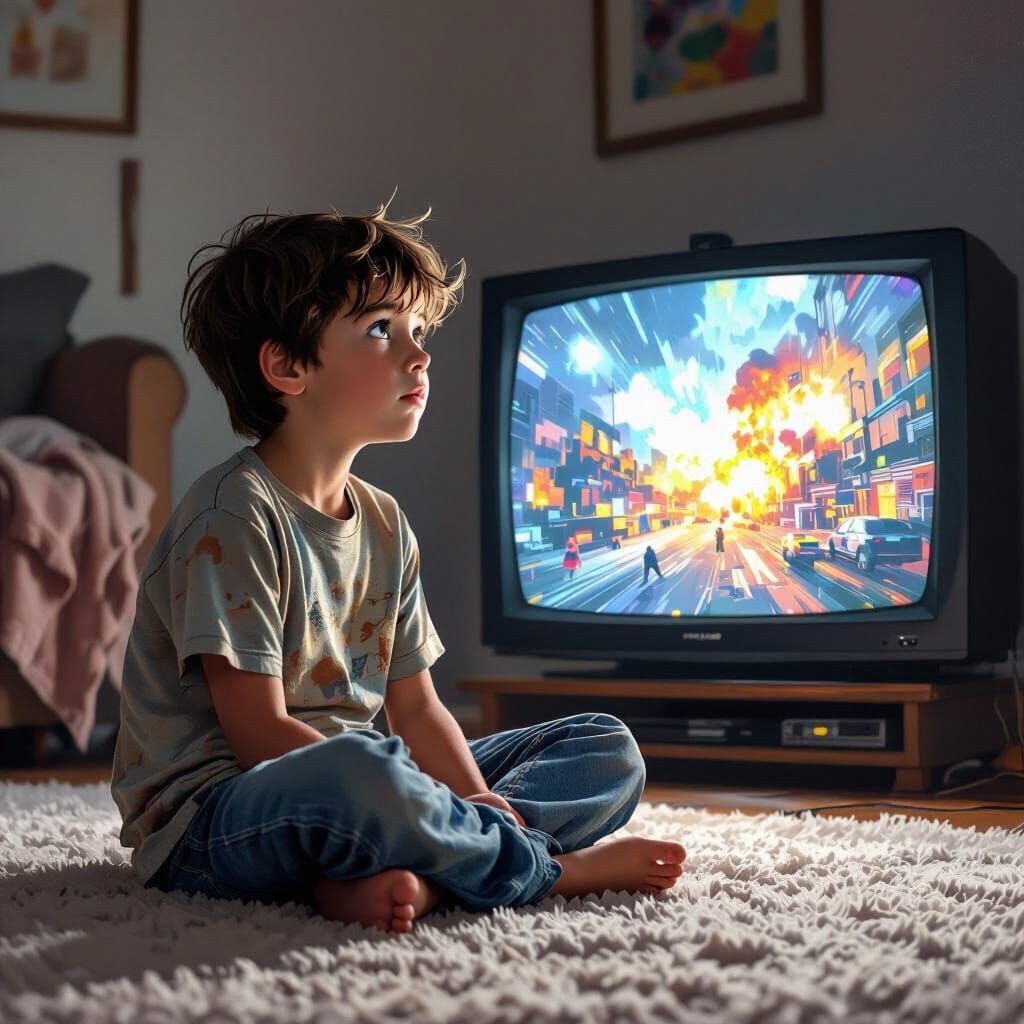 Worried Boy Watches TV in Digital Painting Style