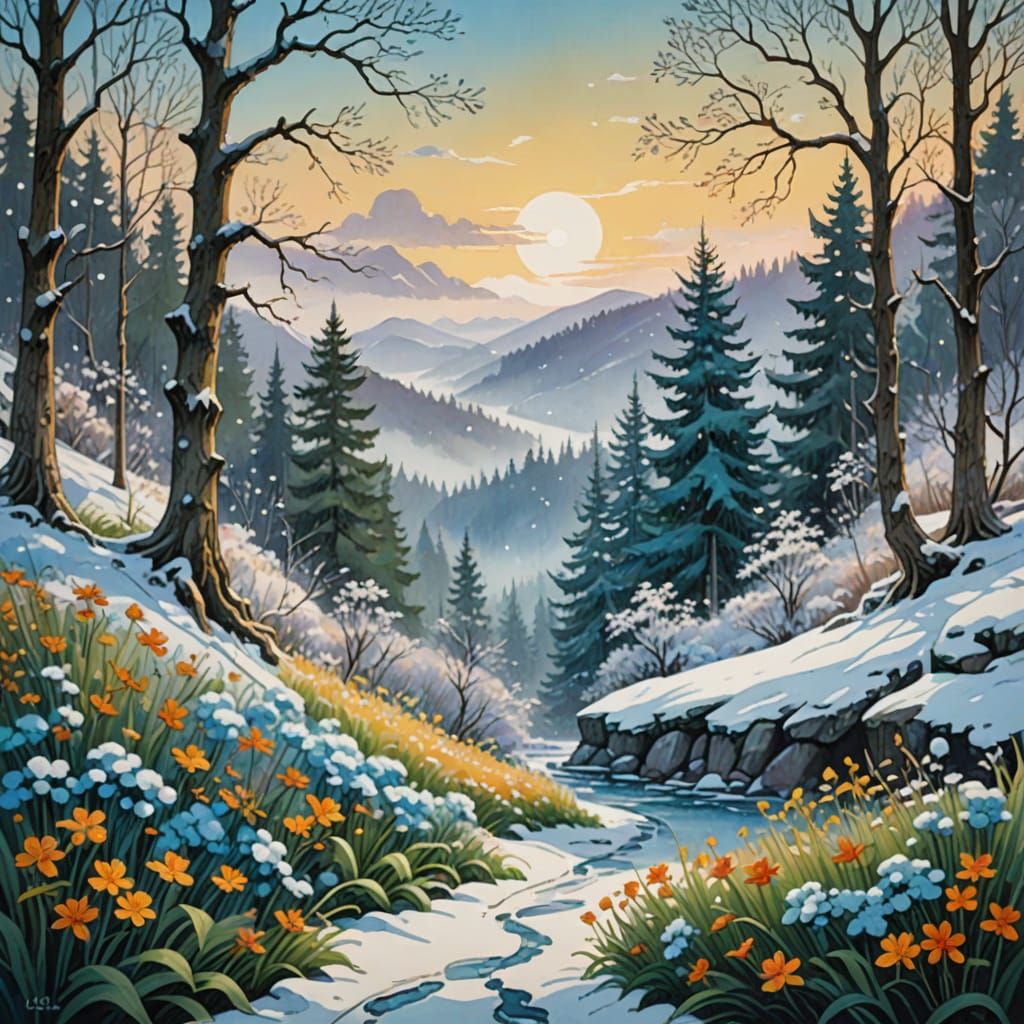 Whimsical Gouache Painting of Summer and Winter