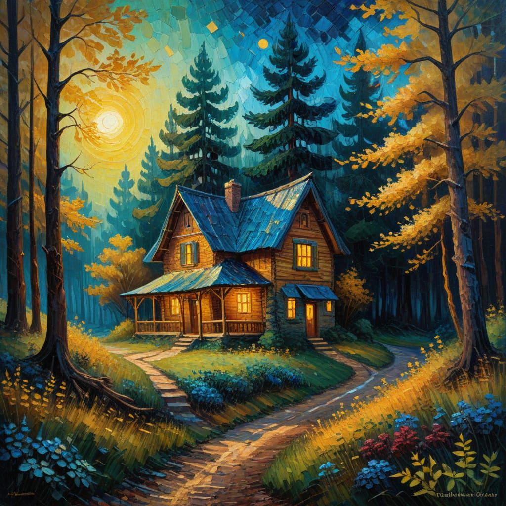 Mystical Forest Cabin as Impasto Oil Painting