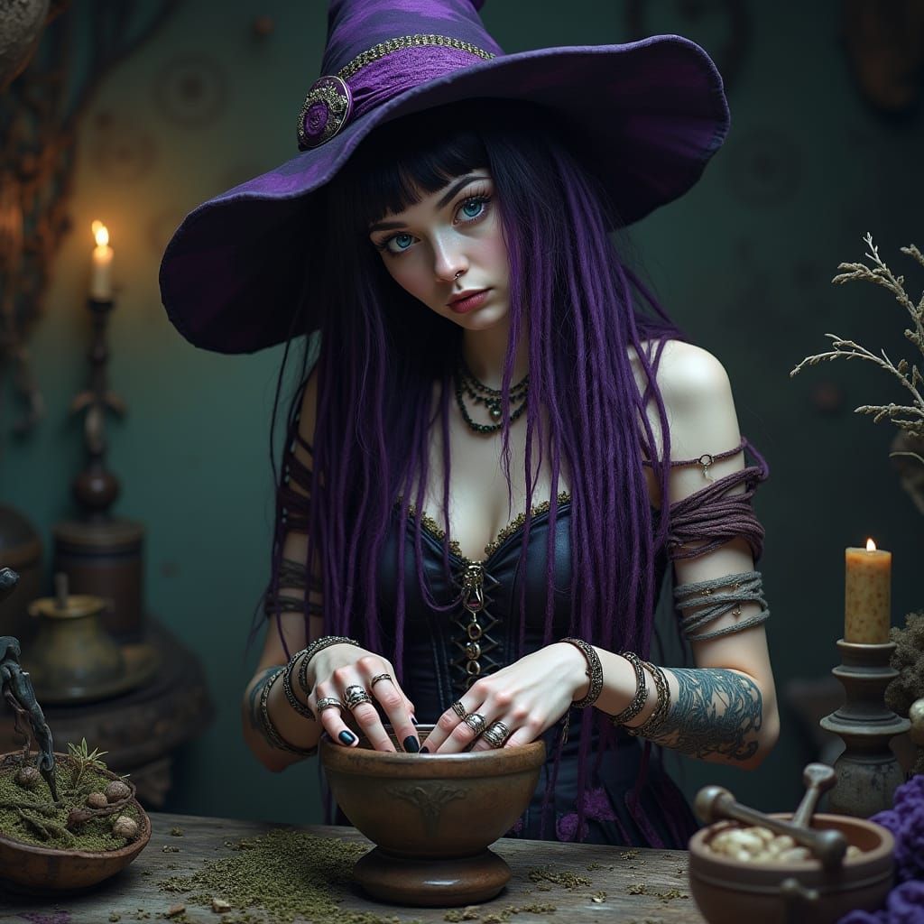 Whimsical Witch in Dimly Lit Kitchen