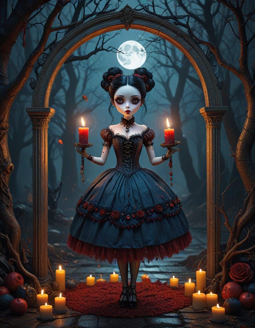 Gothic Doll Girl Under Blood Moon