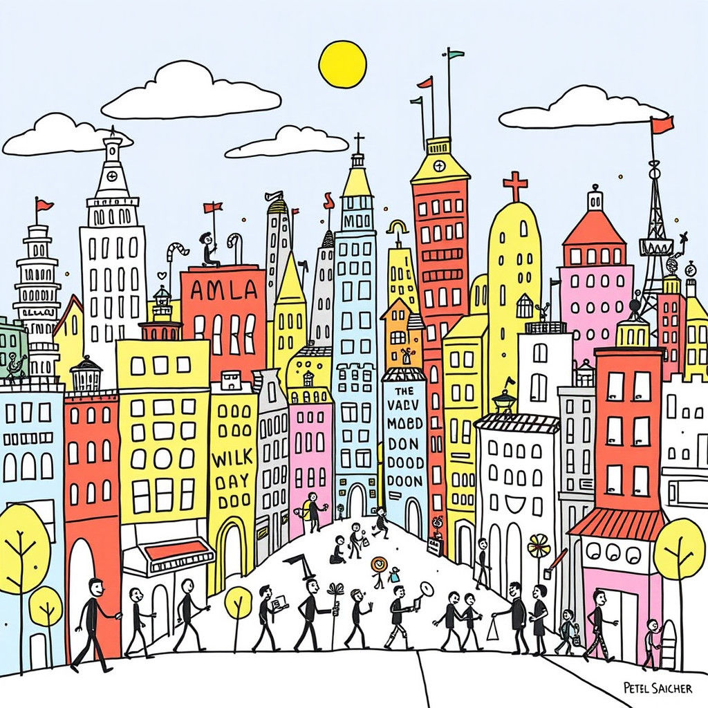 Doodle Cityscape with Playful Figures