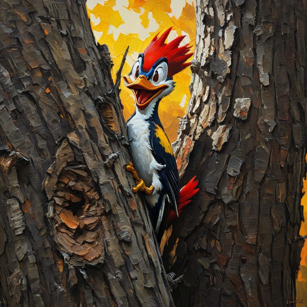 Woody Woodpecker Laughing, Impressionist Oil Painting