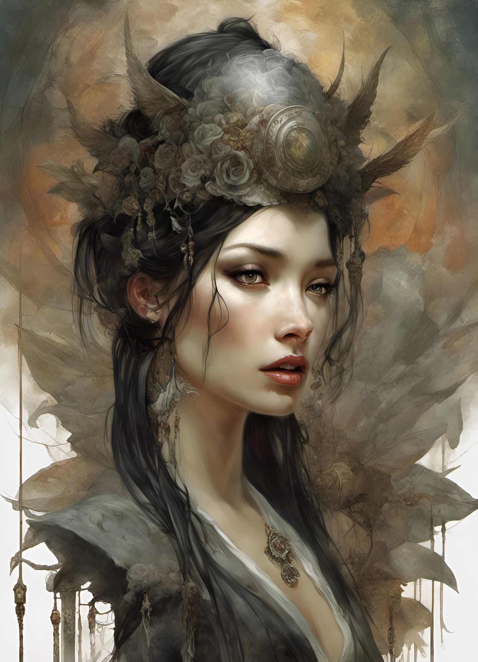 Elegant Warrior Woman with Fractal Hair in Digital Art