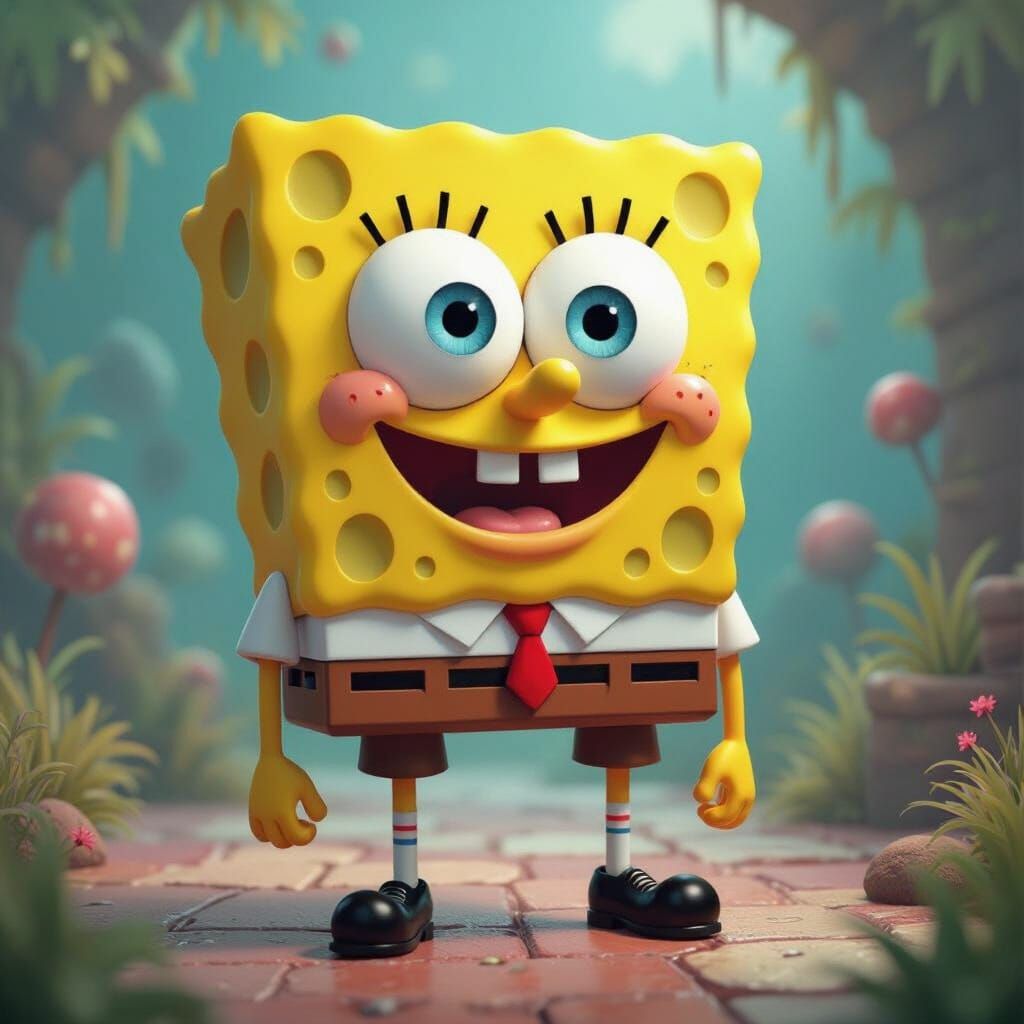 Cartoon Sponge in Vibrant Fantasy Landscape