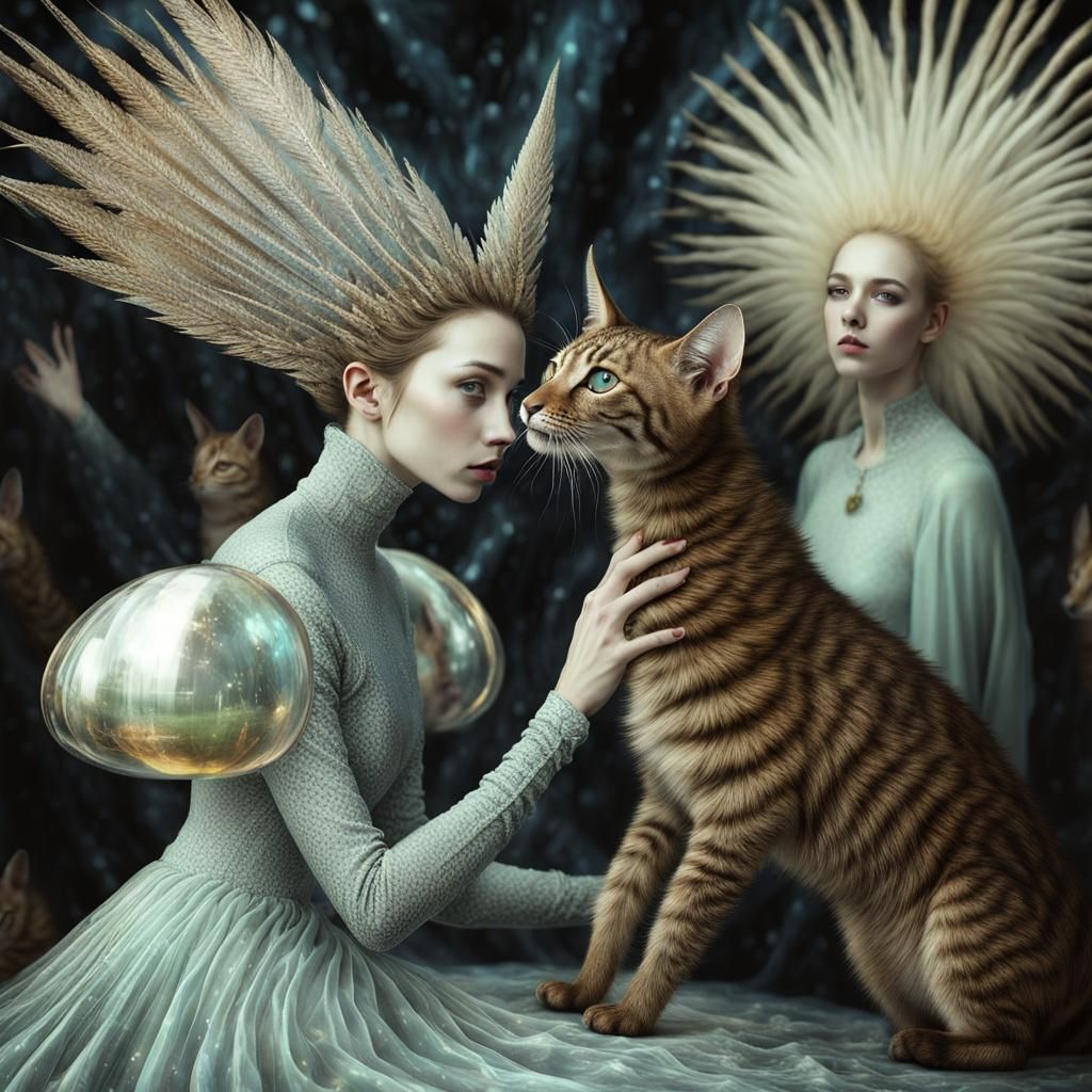 Surreal Alien People and Pets in Dreamy Landscape