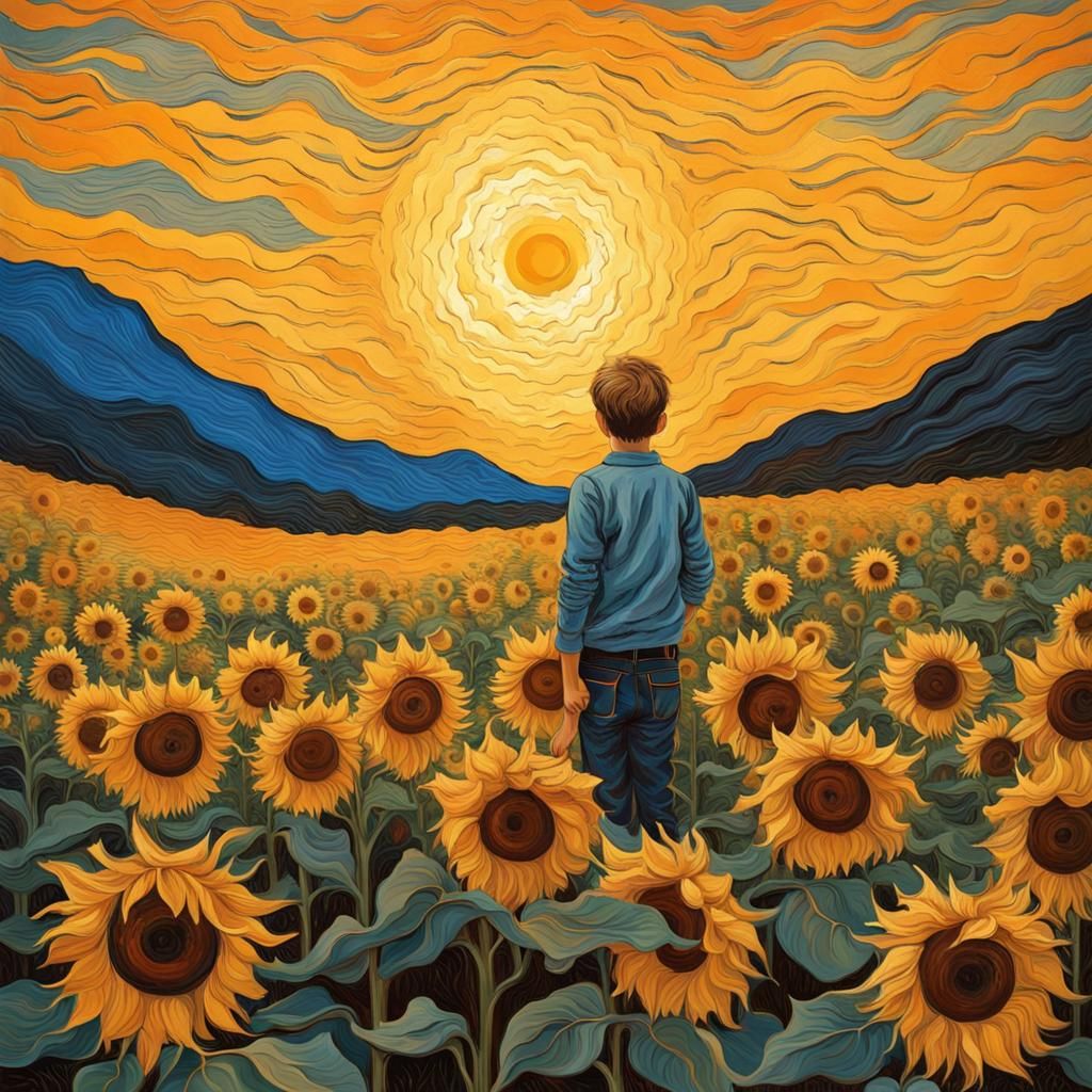 Boy in Sunflower Field, Van Gogh Style