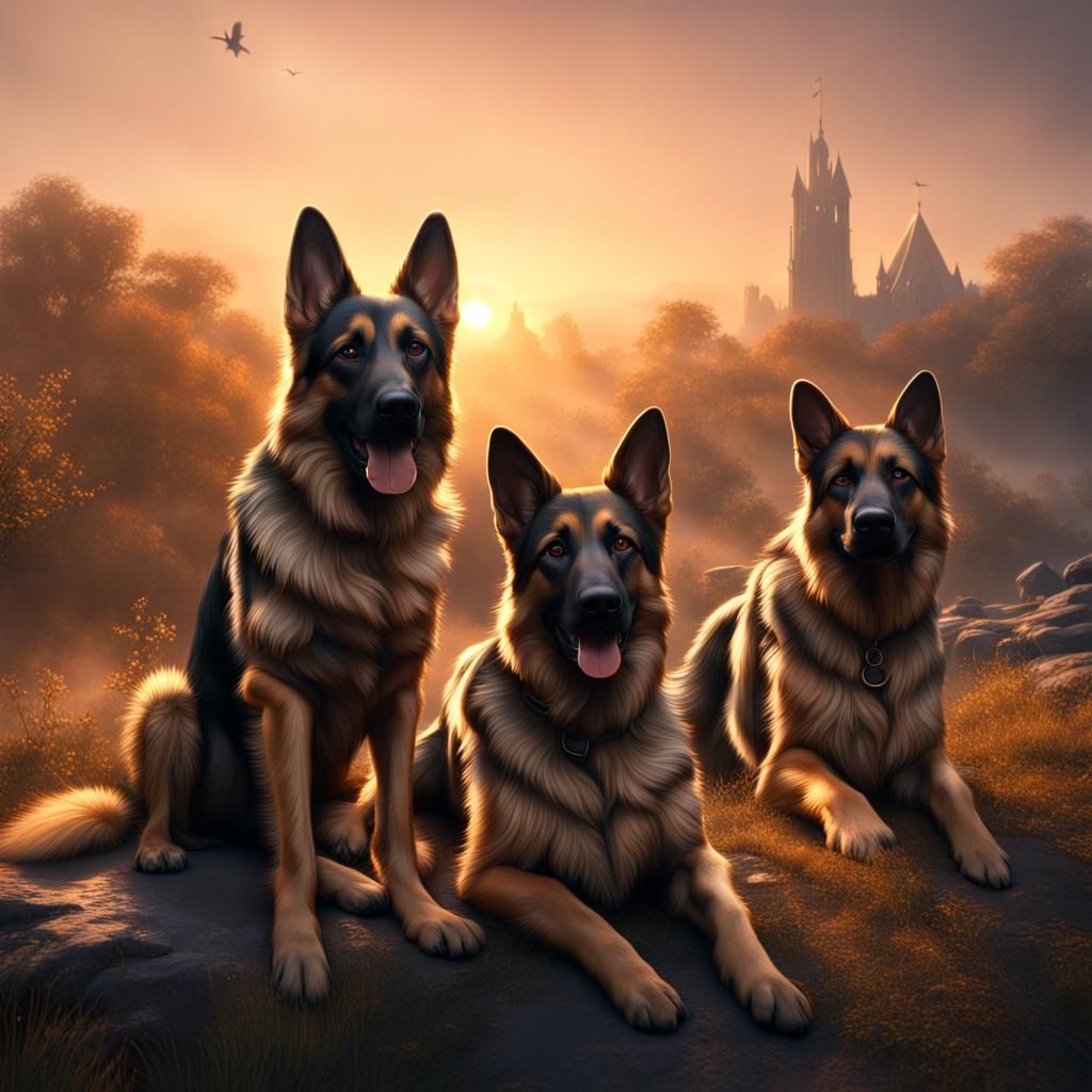 German Shepherds at Sunrise: Detailed Matte Painting
