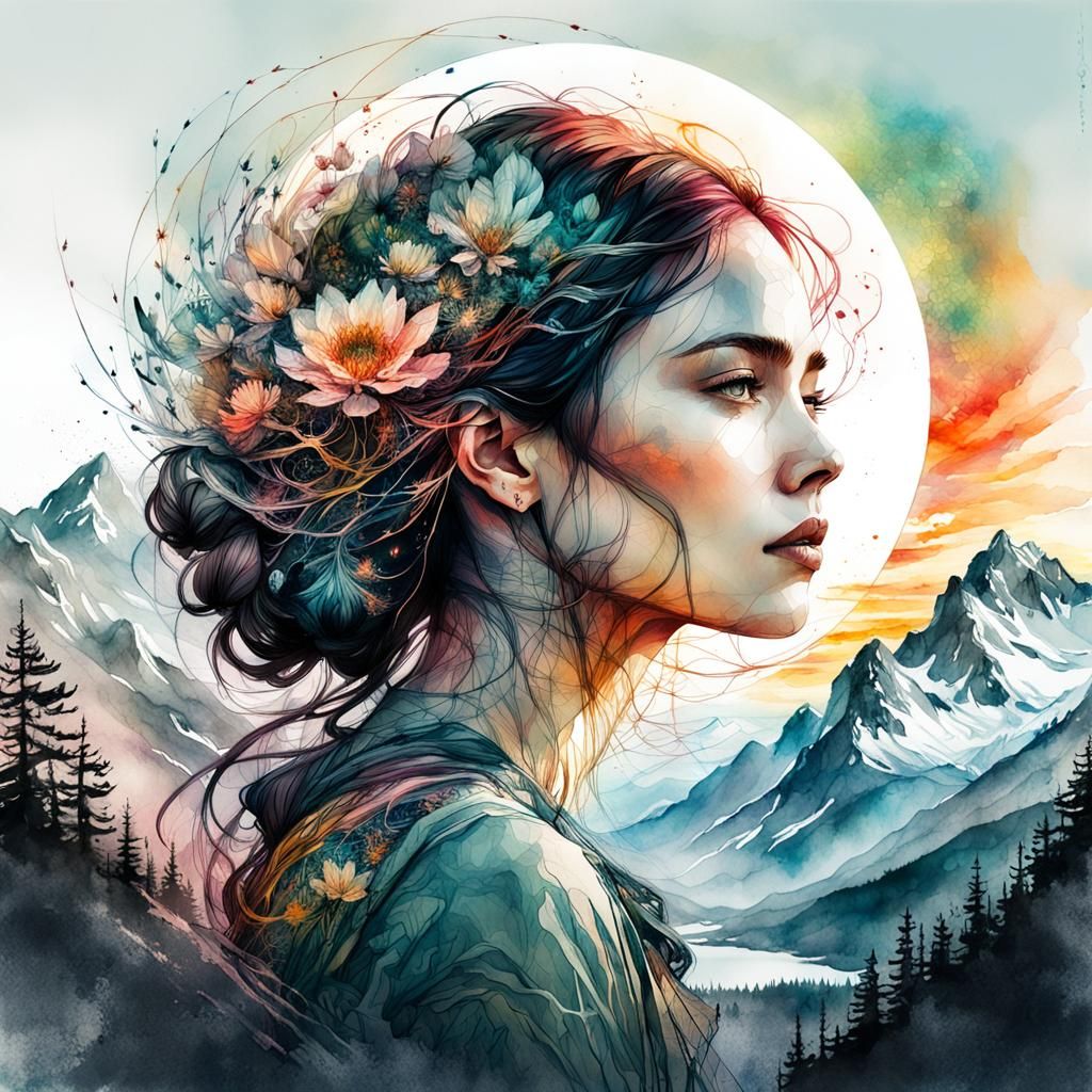 Watercolor Sunset Girl Double Exposure Illustration