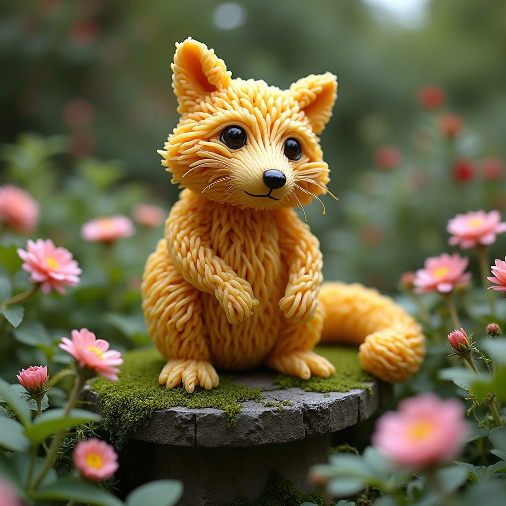 Pasta Racoon Sculpture in Hyperrealistic Garden Scene