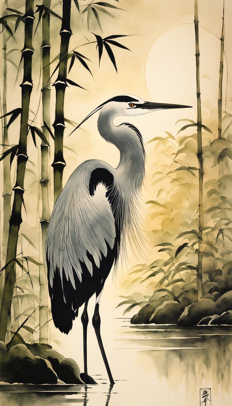 Heron in Misty Bamboo Forest: Sumi-e Style