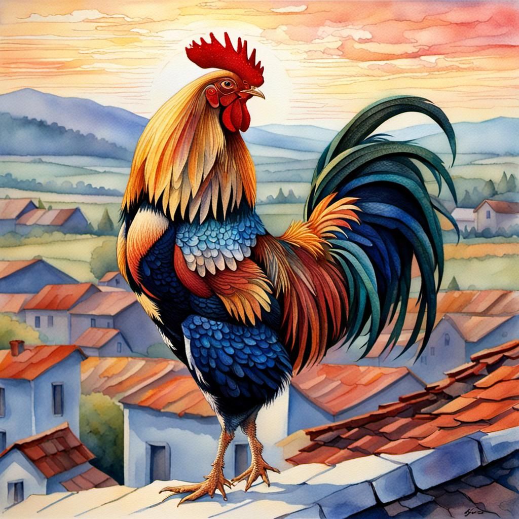 Colorful Rooster Crowing at Sunrise, Watercolor Style