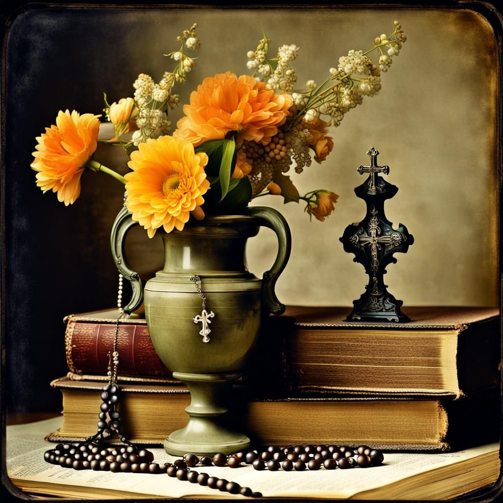 Gothic Still Life with Vase, Bible and Rosary