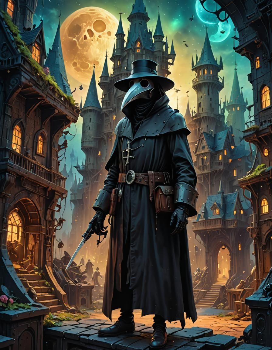 Plague Doctor in Space Castle: Vibrant Digital Illustration