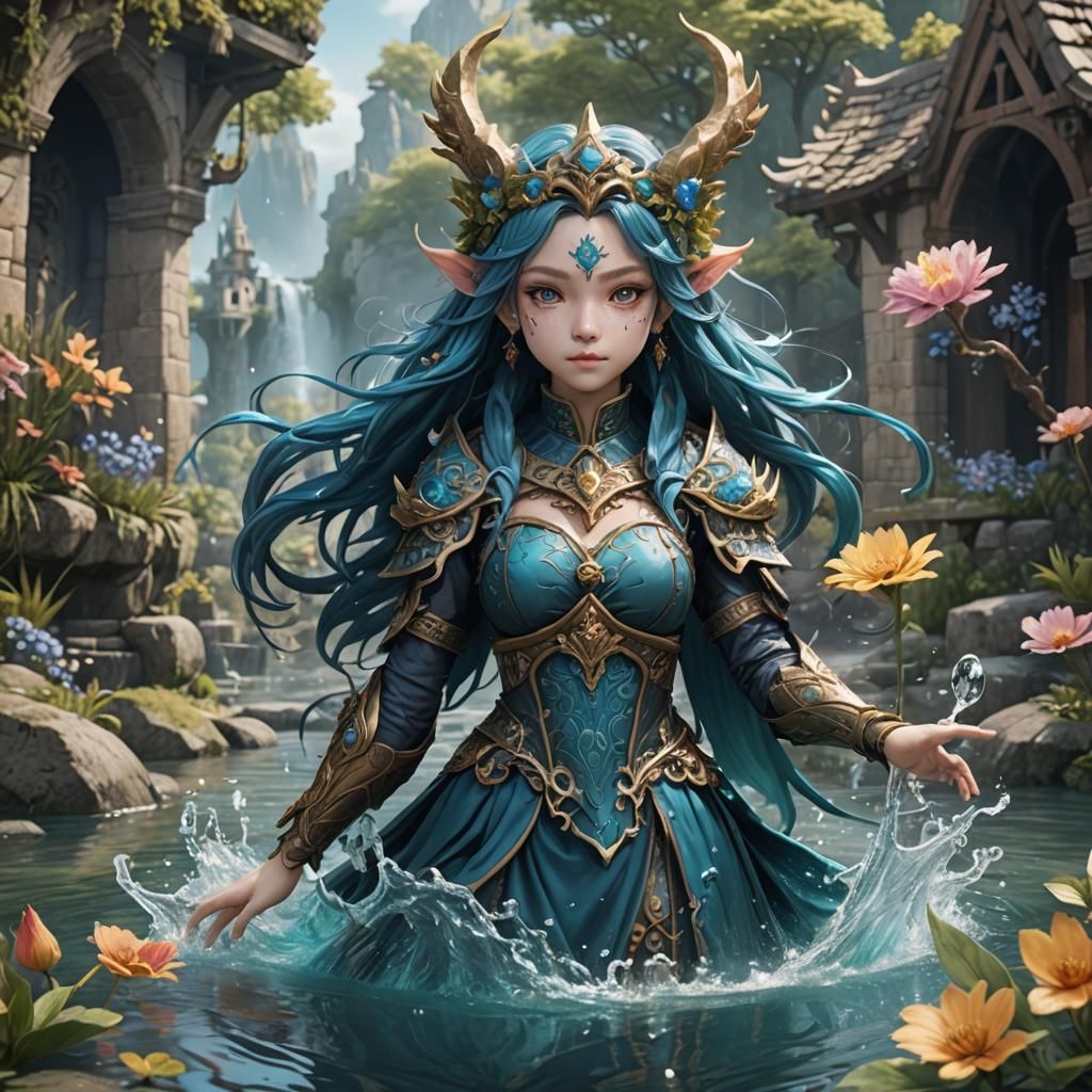 Medieval Shoujo Elemental Water Creature in Detailed Paintin...