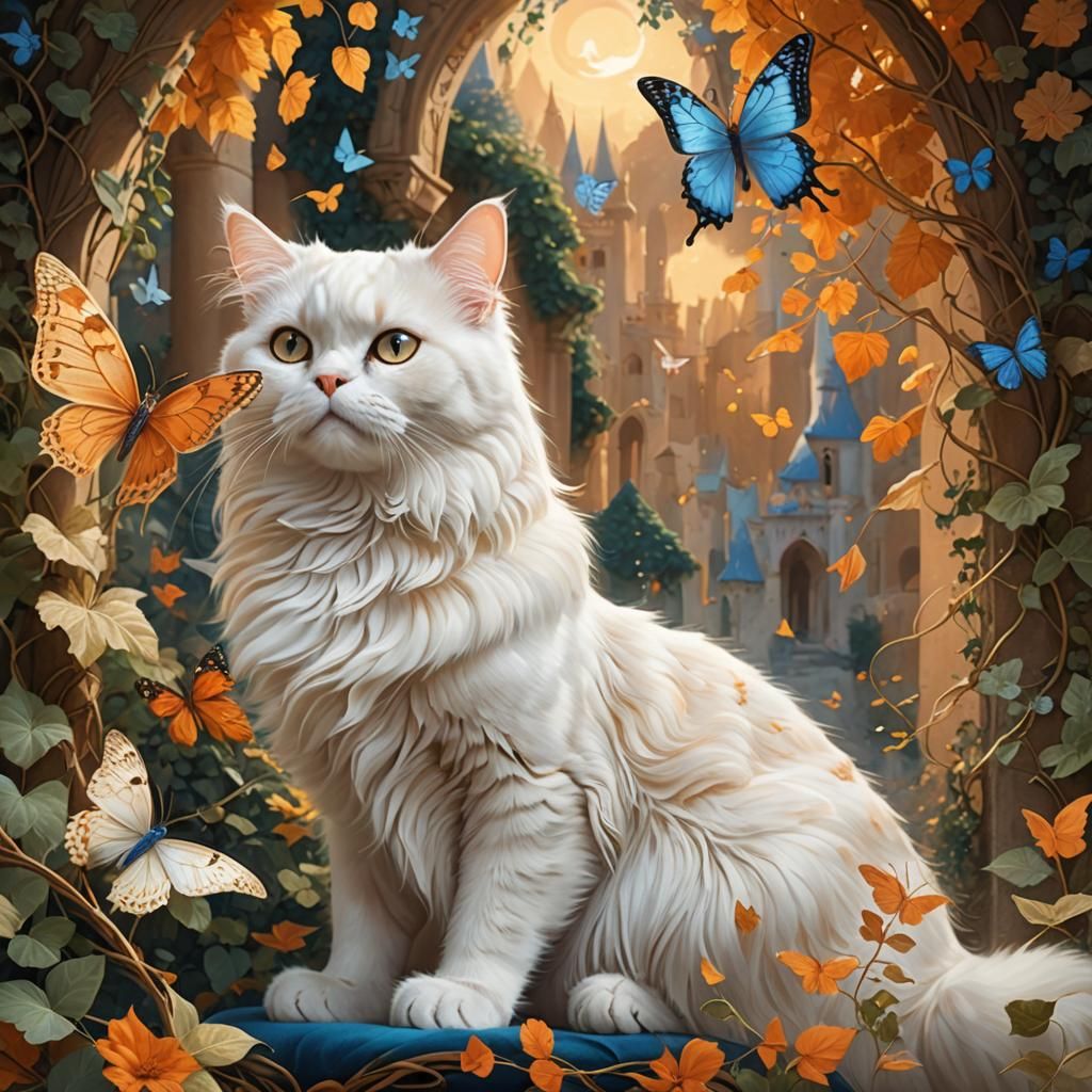 Persian Cat and Butterfly in Romantic Style
