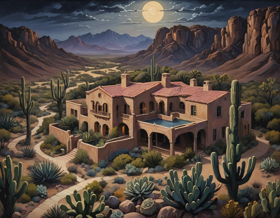 Spanish Manor in Texas Desert, Oil Painting