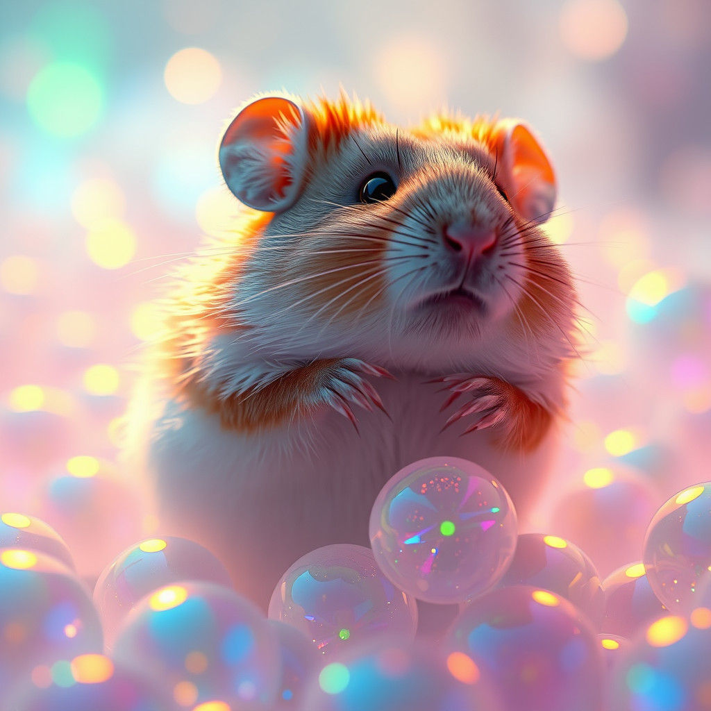 Hamster in Iridescent Floating Ball Pit: Dreamlike Concept A...