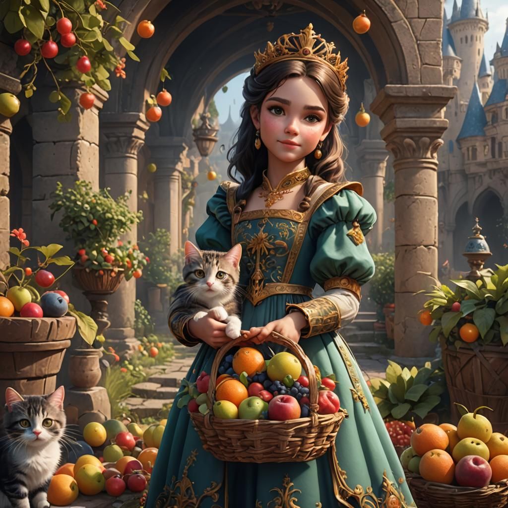 Princess with Fruit Basket and Kitten: Fantasy Art
