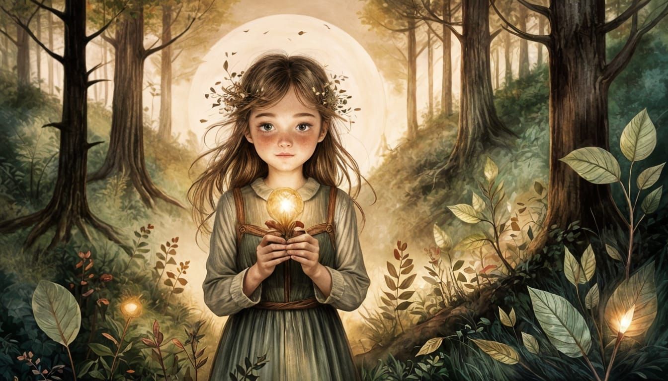 Girl Holds Glowing Seed in Sunset Illustration
