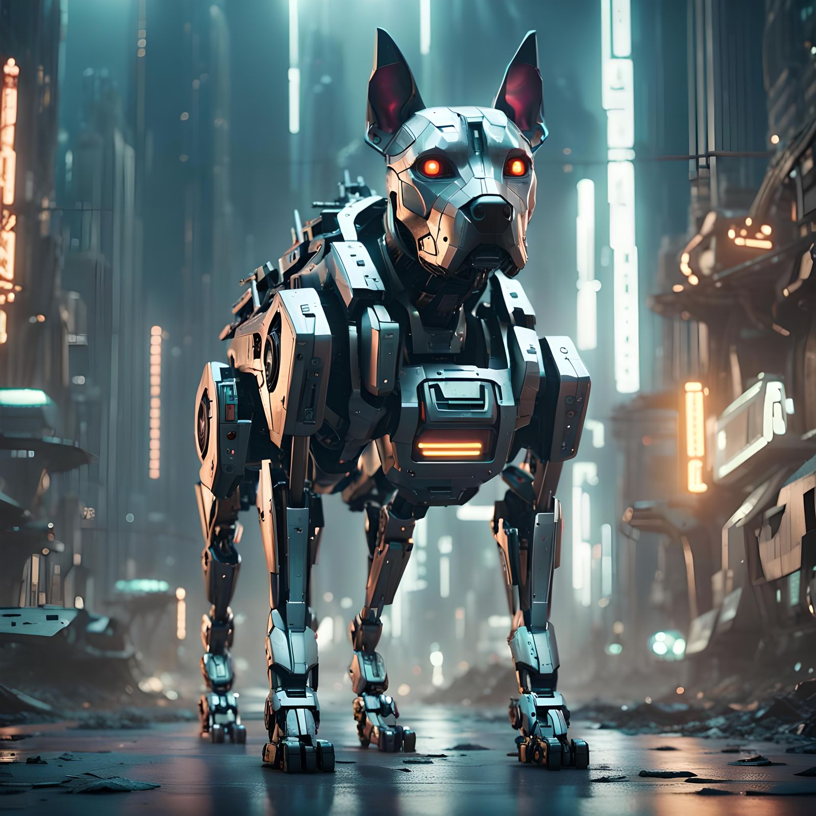 Cybernetic Dog Patrolling Futuristic City Street