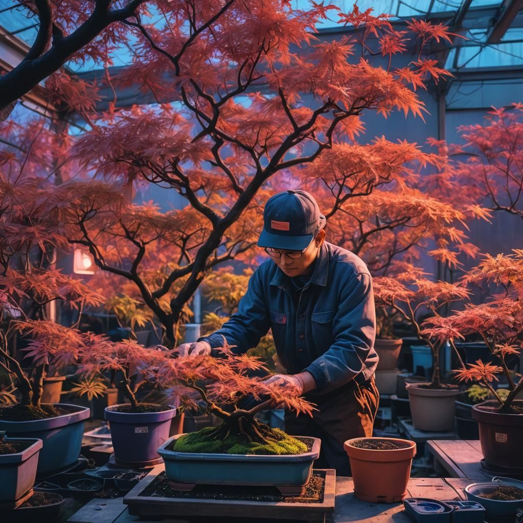 Gardener Tending Bonsai Tree at Twilight in Synthwave Style