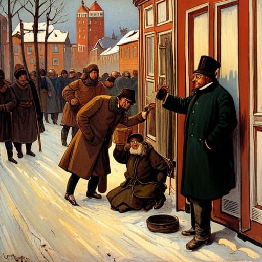 Buffoons Amusing an Old Man: Kramskoy, Serov, Bilibin Style