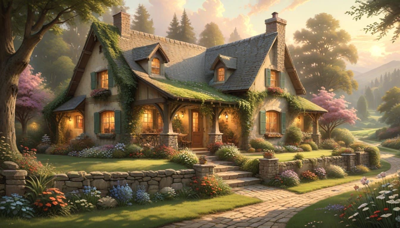 Whimsical Cottage Scene in Soft Pastel Colors
