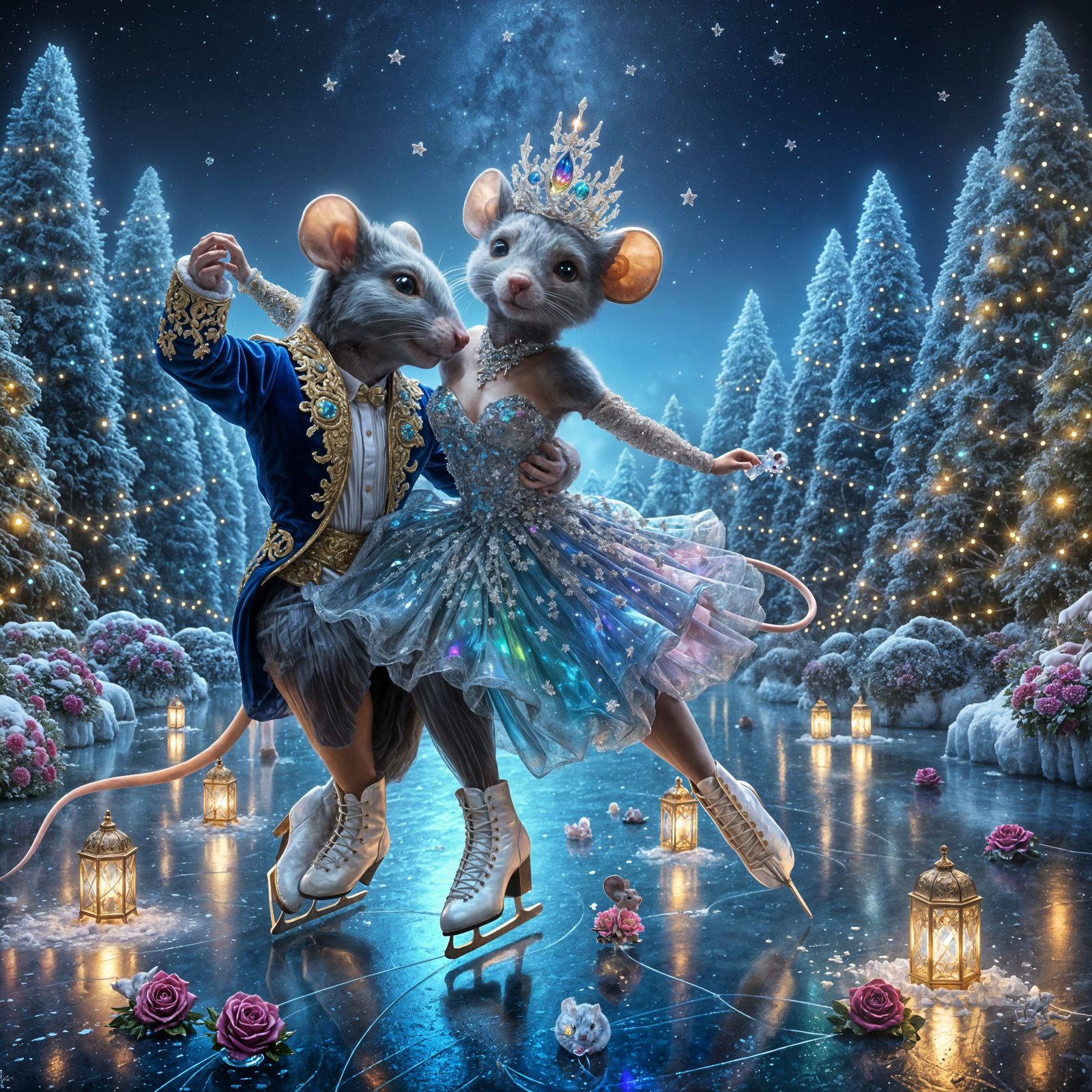 Romantic Winter Wonderland Ice Skating Scene in Whimsical Fa...